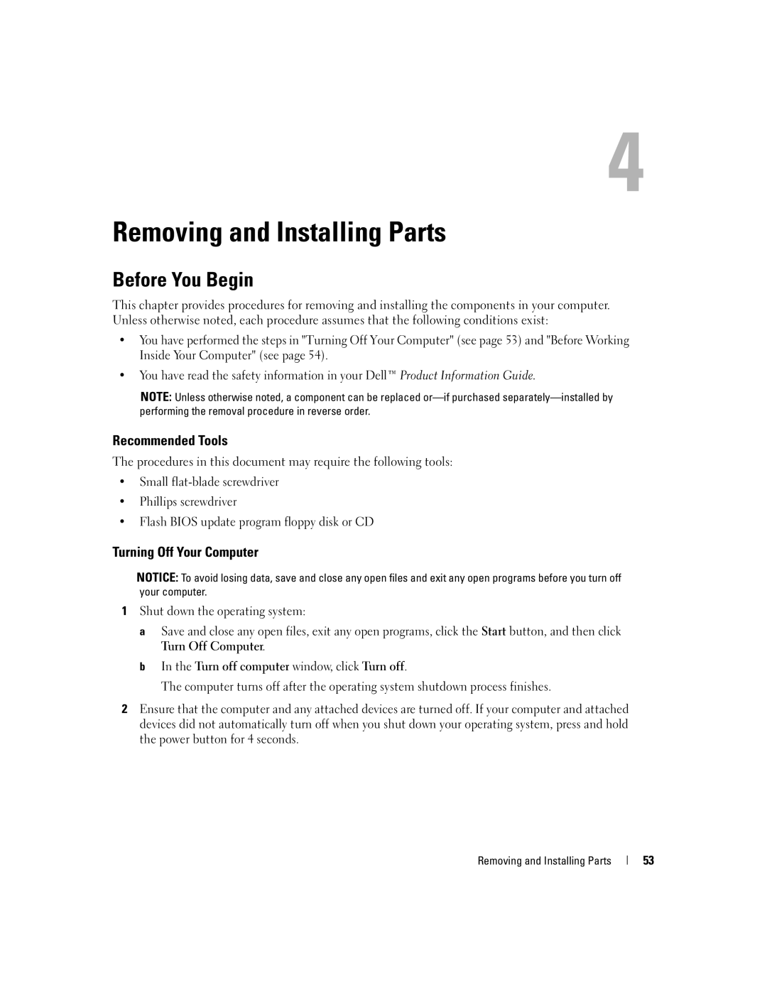 Dell 3100C owner manual Before You Begin, Recommended Tools, Turning Off Your Computer, Removing and Installing Parts 