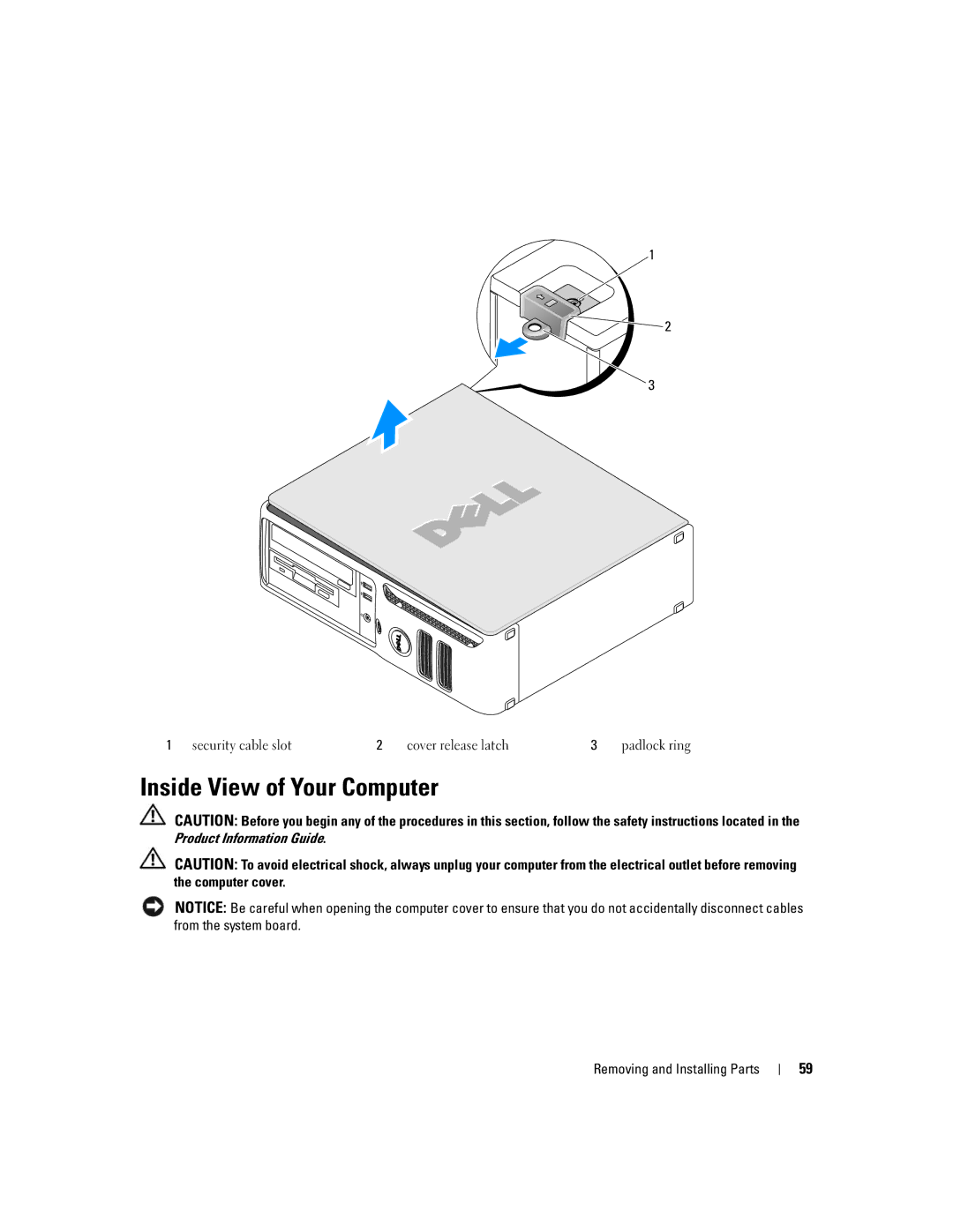 Dell 3100C owner manual Inside View of Your Computer, Security cable slot Cover release latch 