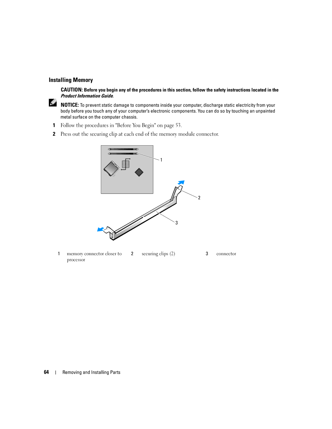 Dell 3100C Installing Memory, Memory connector closer to Securing clips, Processor Removing and Installing Parts 