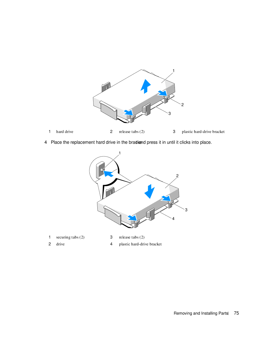 Dell 3100C owner manual Hard drive Release tabs Plastic hard-drive bracket 