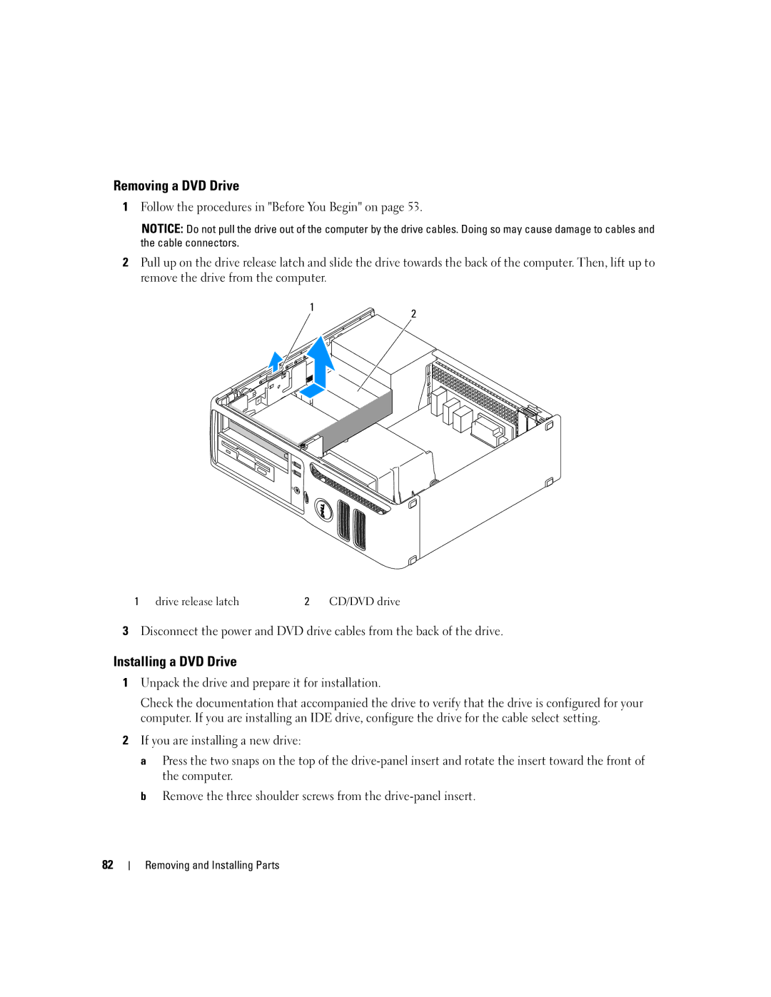 Dell 3100C owner manual Removing a DVD Drive, Installing a DVD Drive 