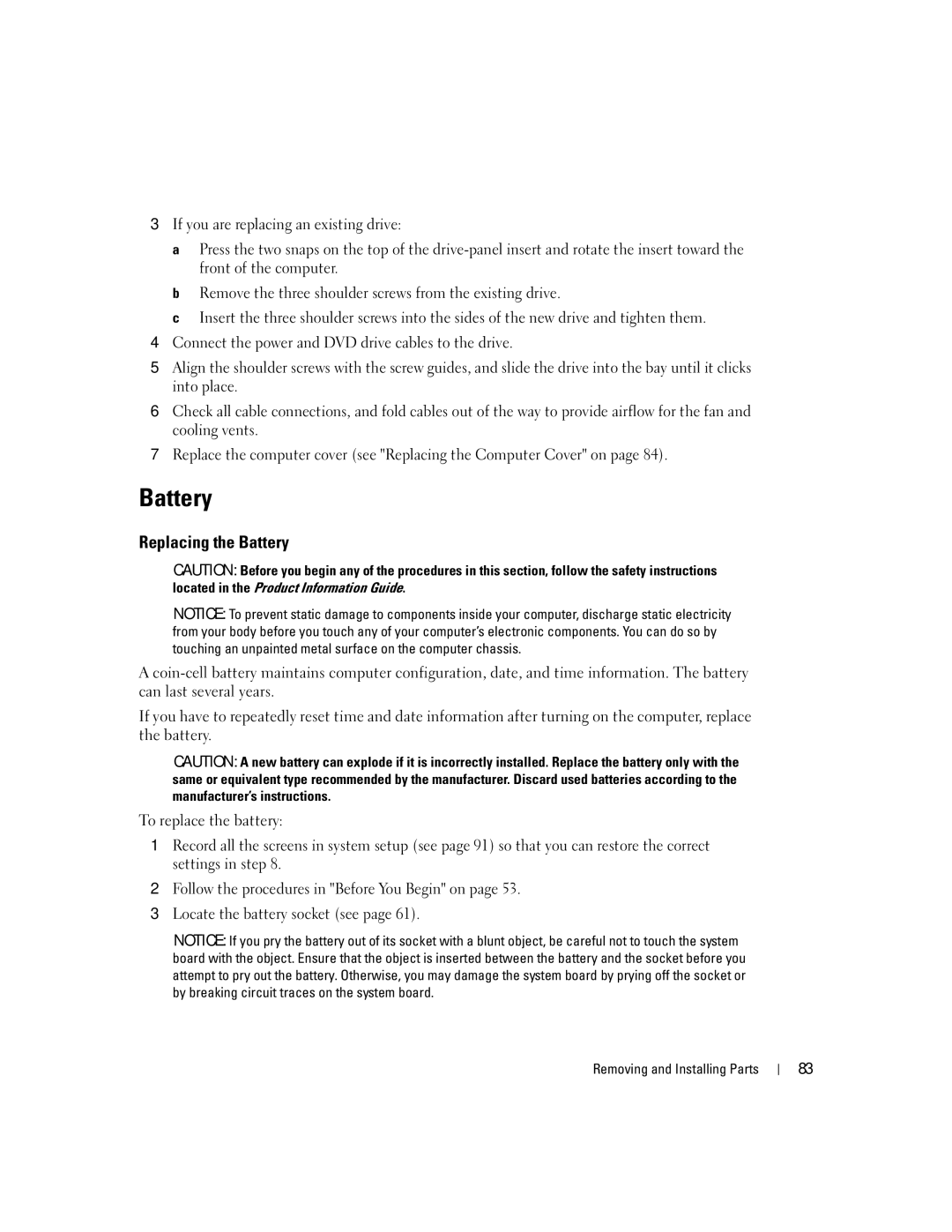 Dell 3100C owner manual Replacing the Battery 