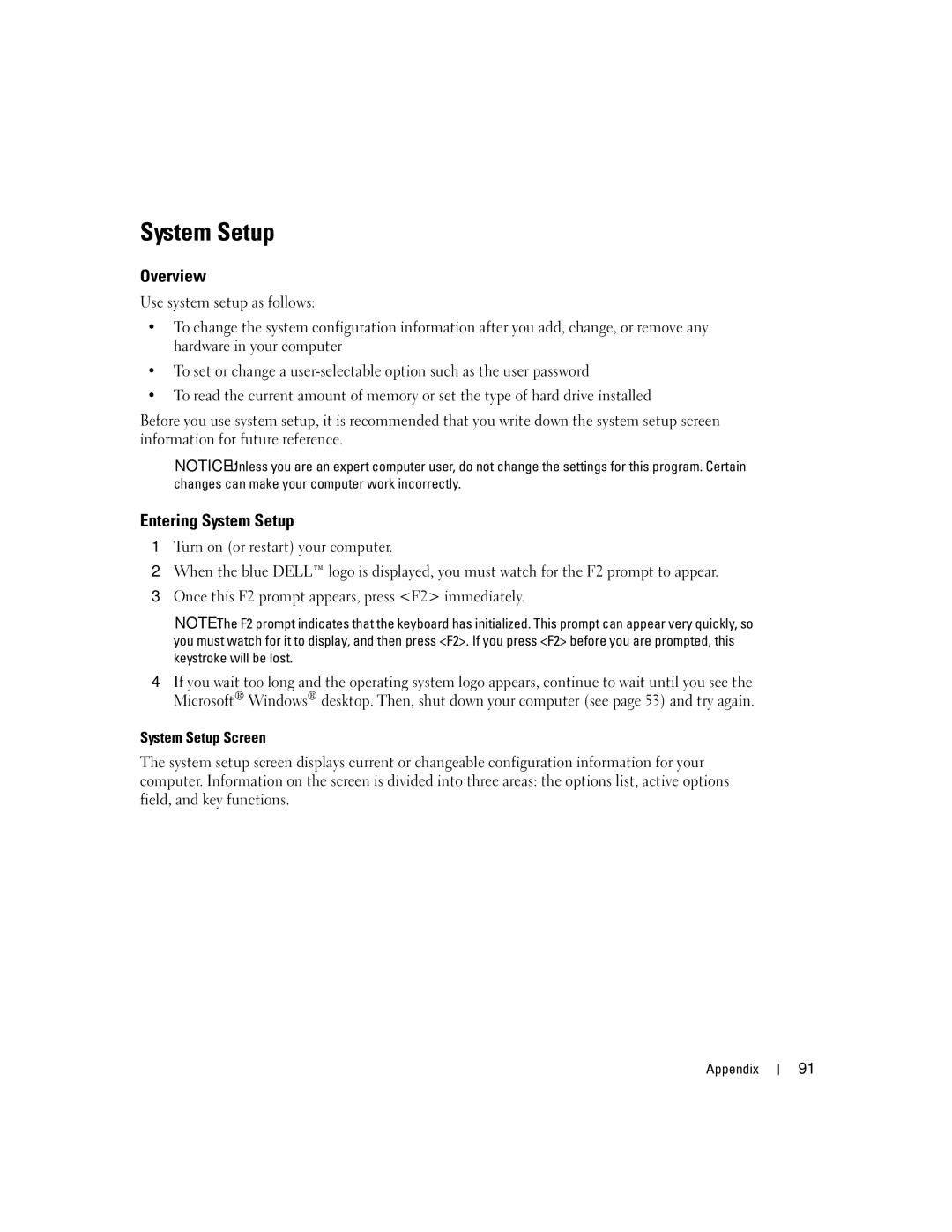 Dell 3100C owner manual Overview, Entering System Setup, System Setup Screen 