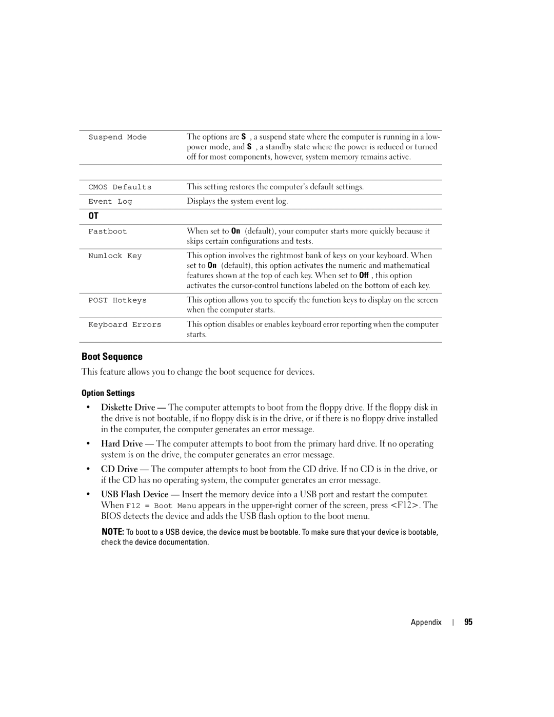 Dell 3100C owner manual Boot Sequence, Option Settings 