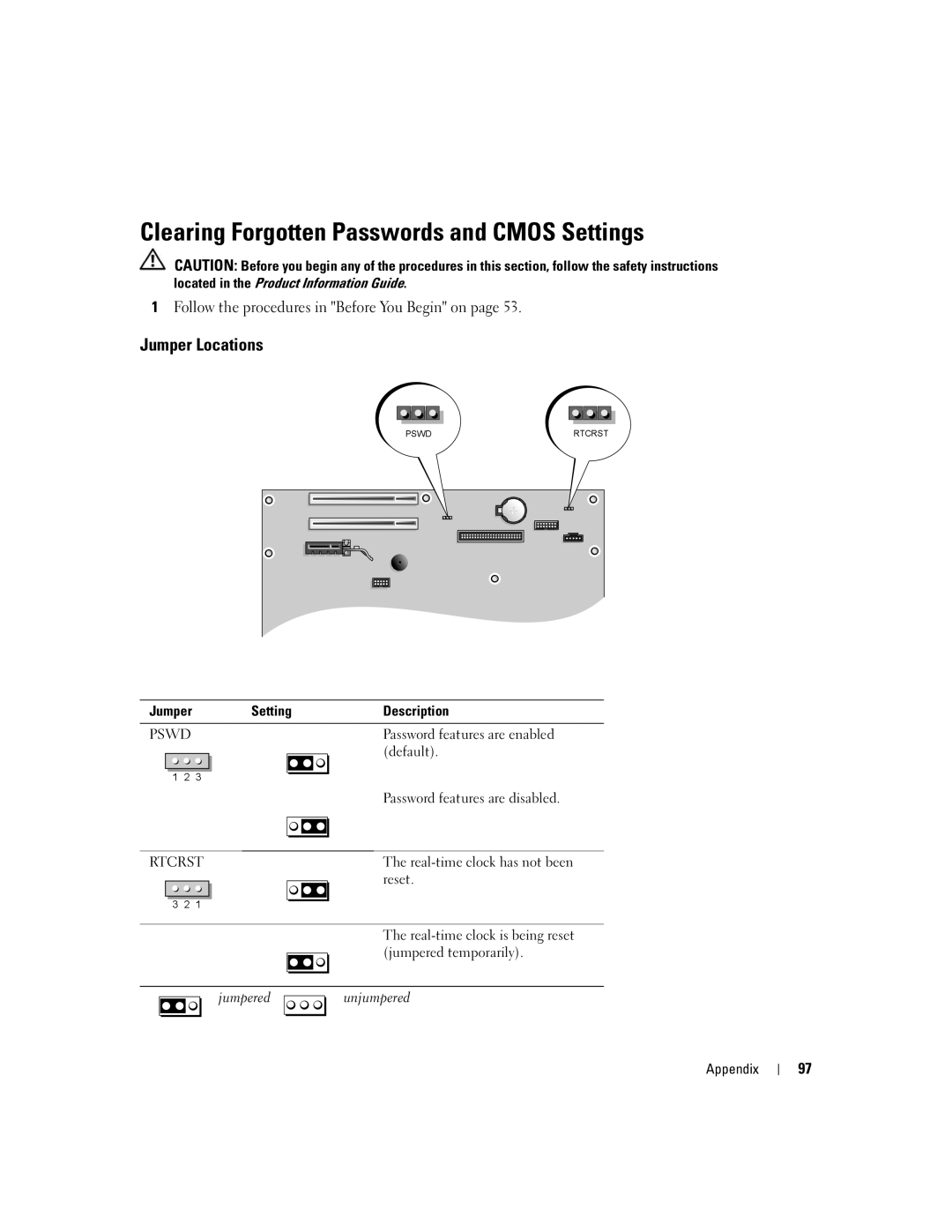 Dell 3100C owner manual Clearing Forgotten Passwords and Cmos Settings, Jumper Locations, Jumper Setting Description 