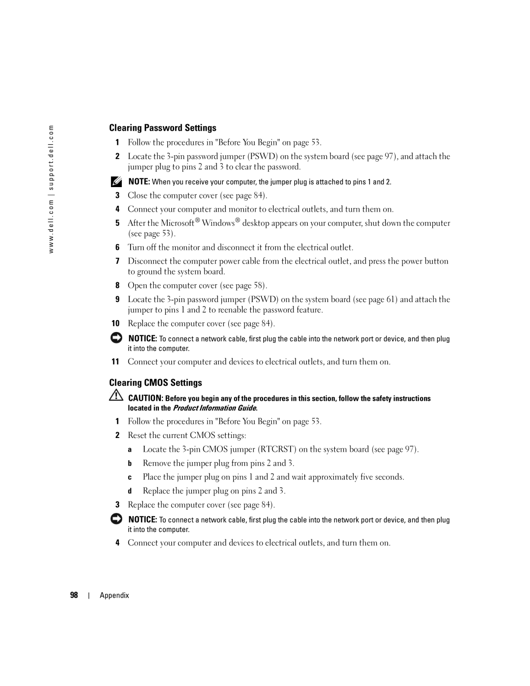 Dell 3100C owner manual Clearing Password Settings, Clearing Cmos Settings 