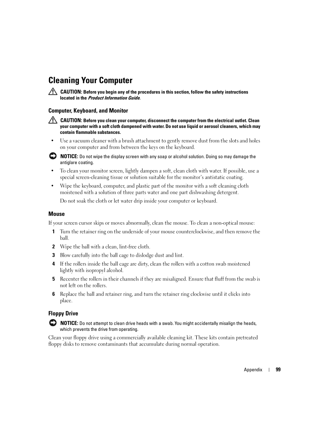 Dell 3100C owner manual Cleaning Your Computer, Computer, Keyboard, and Monitor, Mouse, Floppy Drive 