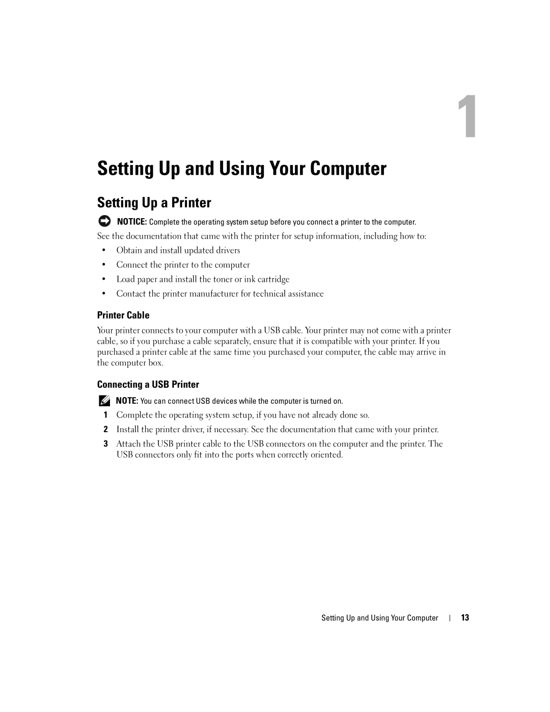 Dell 3100C owner manual Setting Up a Printer, Printer Cable, Connecting a USB Printer, Setting Up and Using Your Computer 