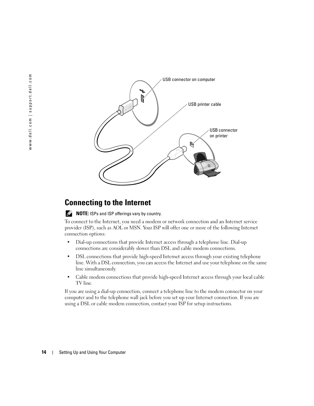 Dell 3100C owner manual Connecting to the Internet, USB connector on computer USB printer cable 