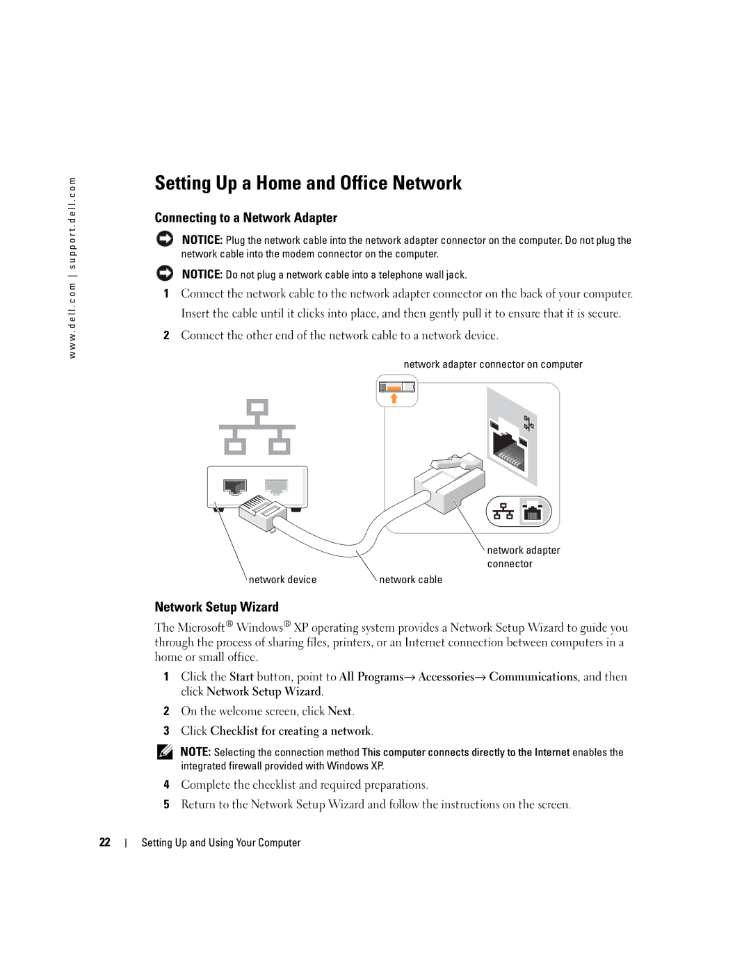 Dell 3100C Setting Up a Home and Office Network, Connecting to a Network Adapter, Network Setup Wizard, Network device 