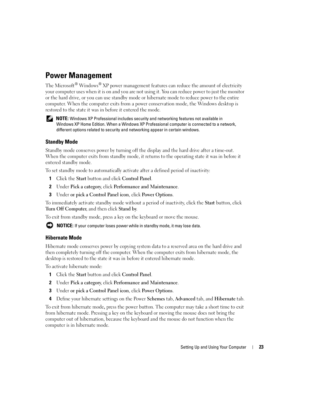 Dell 3100C owner manual Power Management, Standby Mode, Hibernate Mode 