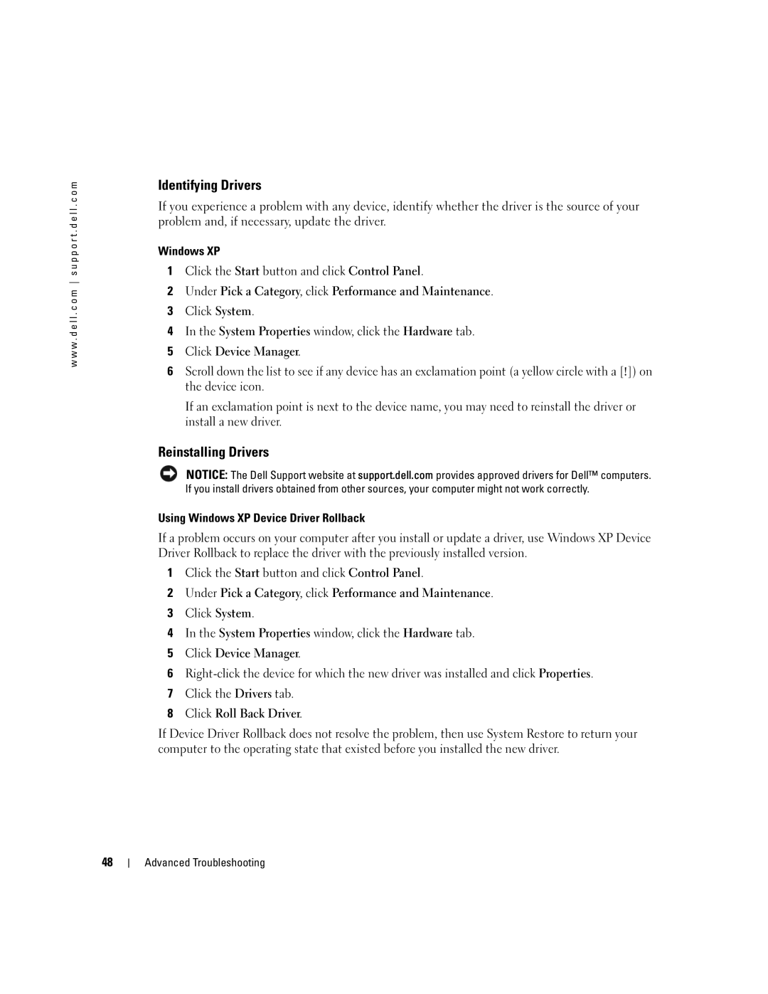 Dell 3100C owner manual Identifying Drivers, Reinstalling Drivers, Using Windows XP Device Driver Rollback 