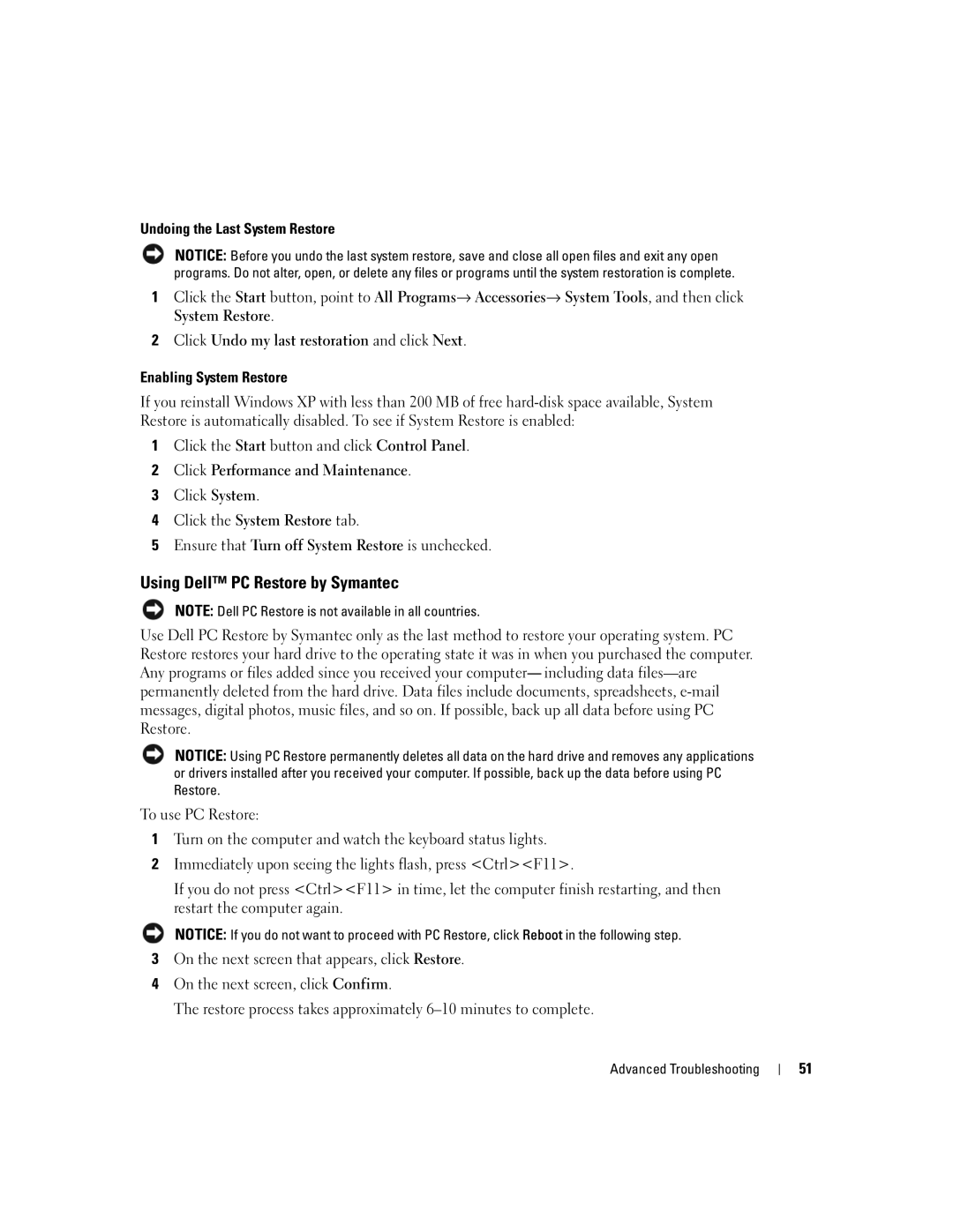 Dell 3100C owner manual Using Dell PC Restore by Symantec, Undoing the Last System Restore, Enabling System Restore 