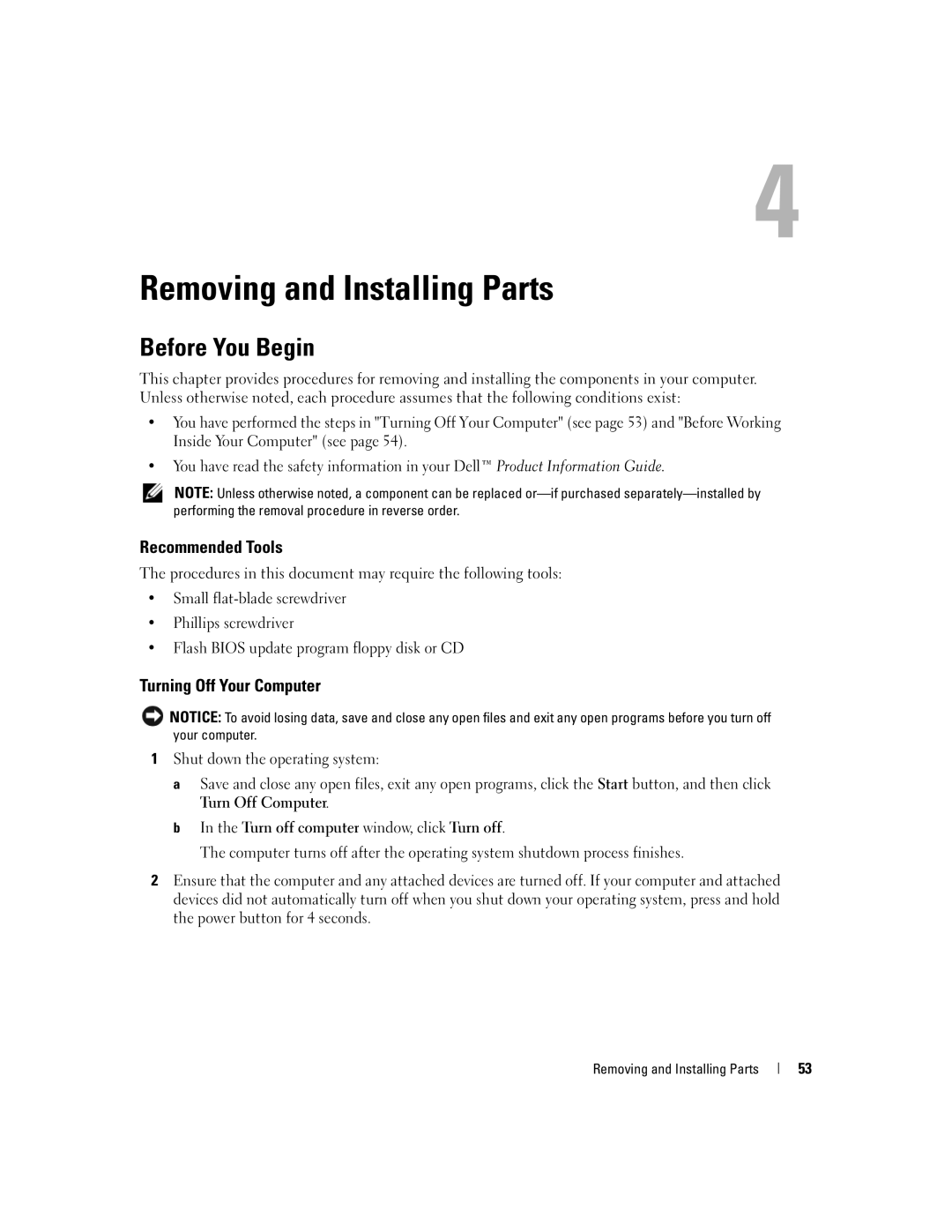 Dell 3100C owner manual Before You Begin, Recommended Tools, Turning Off Your Computer, Removing and Installing Parts 