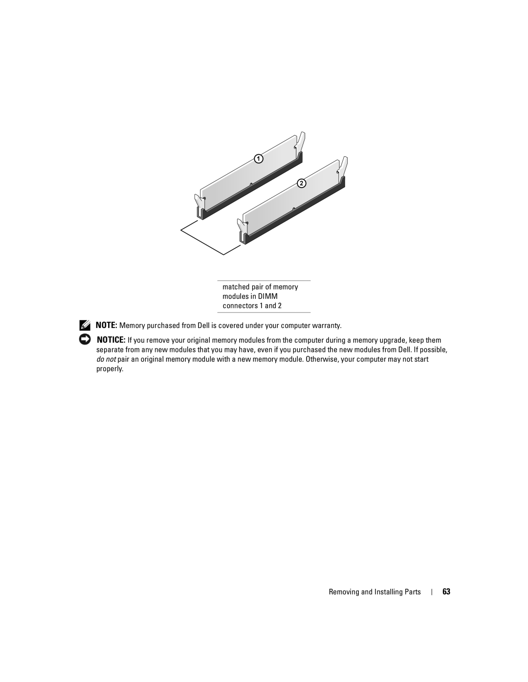 Dell 3100C owner manual Matched pair of memory modules in Dimm connectors 1 