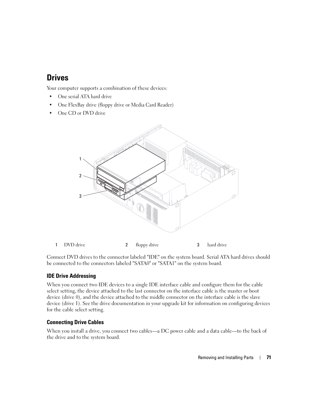 Dell 3100C owner manual Drives, IDE Drive Addressing, Connecting Drive Cables 