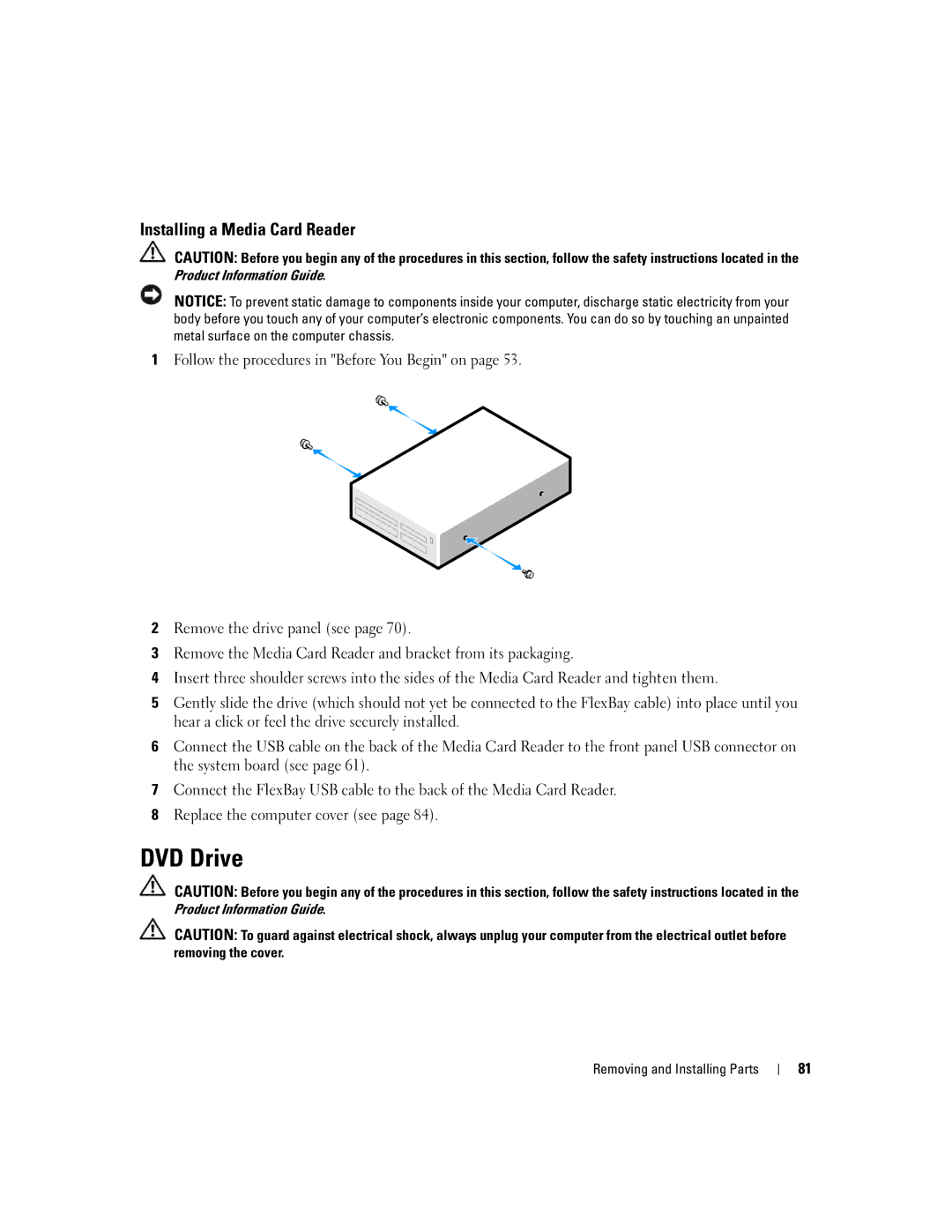 Dell 3100C owner manual DVD Drive, Installing a Media Card Reader 