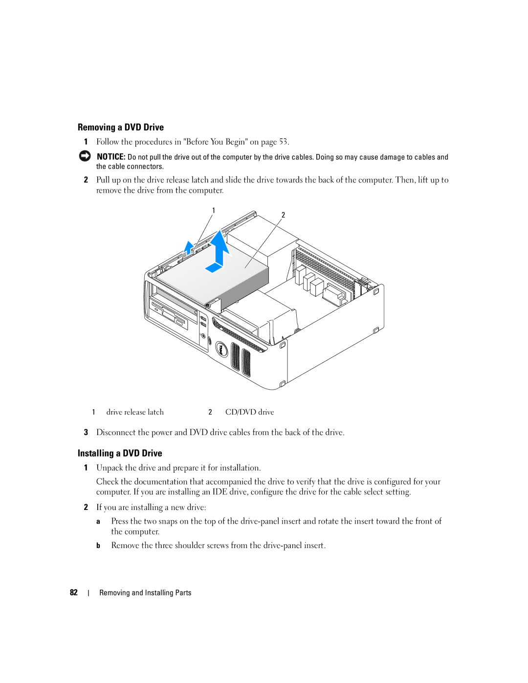 Dell 3100C owner manual Removing a DVD Drive, Installing a DVD Drive 