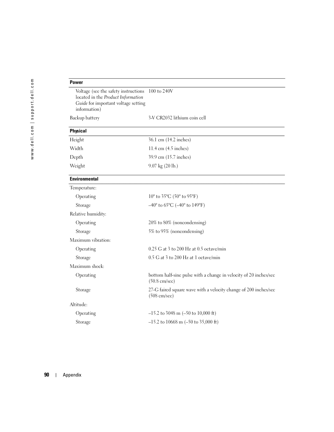 Dell 3100C owner manual 36.1 cm 14.2 inches, 11.4 cm 4.5 inches, 39.9 cm 15.7 inches, 07 kg 20 lb, 50.8 cm/sec, 508 cm/sec 