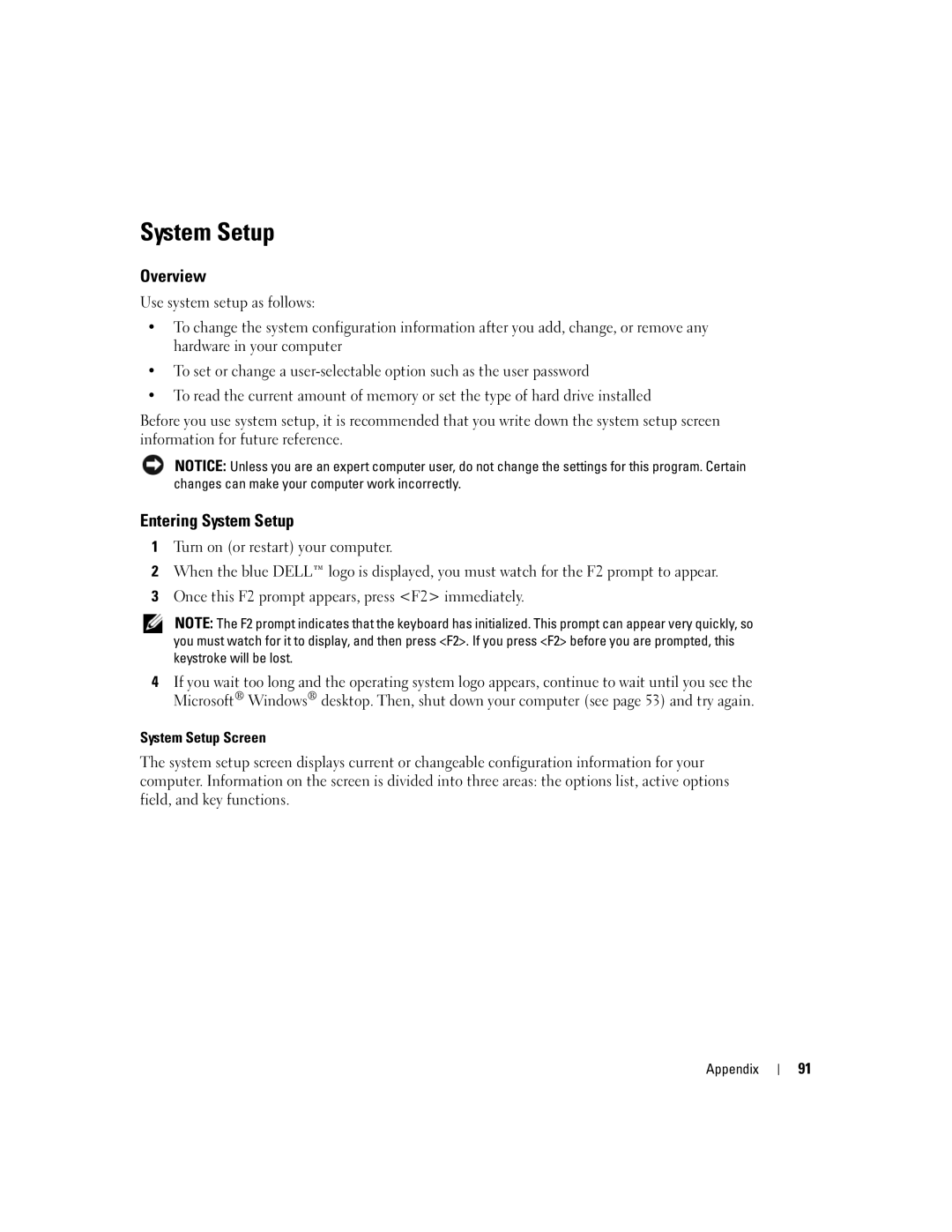 Dell 3100C owner manual Overview, Entering System Setup, System Setup Screen 