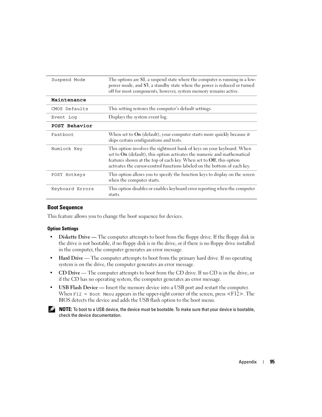 Dell 3100C owner manual Boot Sequence, Option Settings 