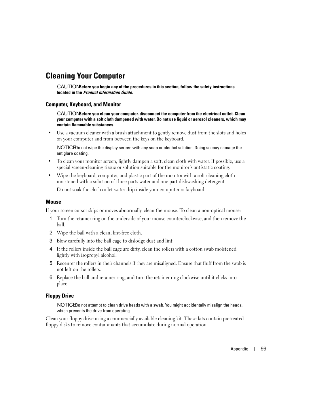 Dell 3100C owner manual Cleaning Your Computer, Computer, Keyboard, and Monitor, Mouse, Floppy Drive 