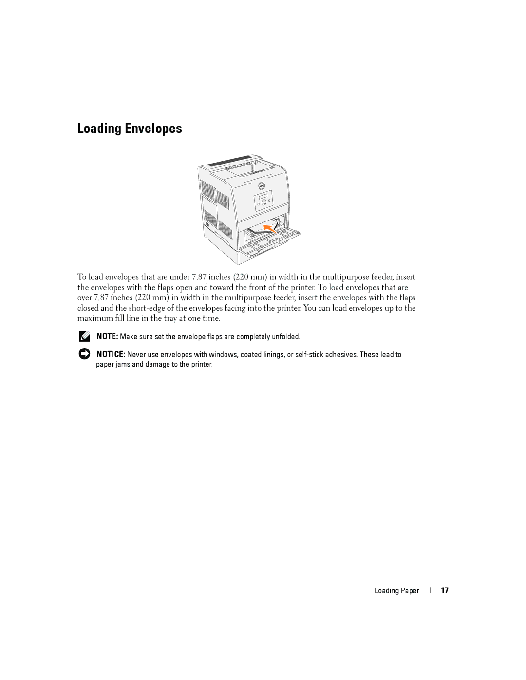 Dell 3100cn owner manual Loading Envelopes 