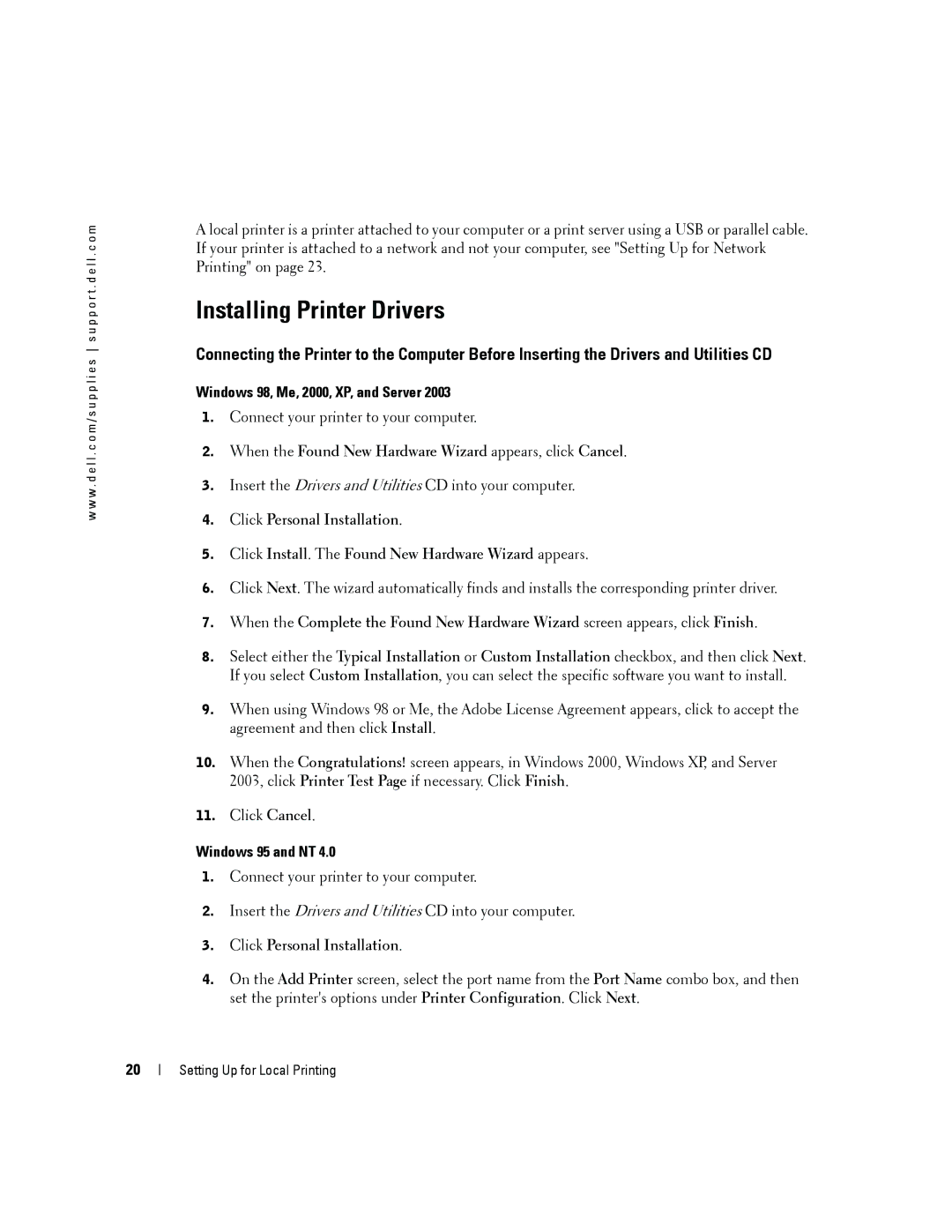 Dell 3100cn owner manual Installing Printer Drivers, Windows 98, Me, 2000, XP, and Server, Windows 95 and NT 