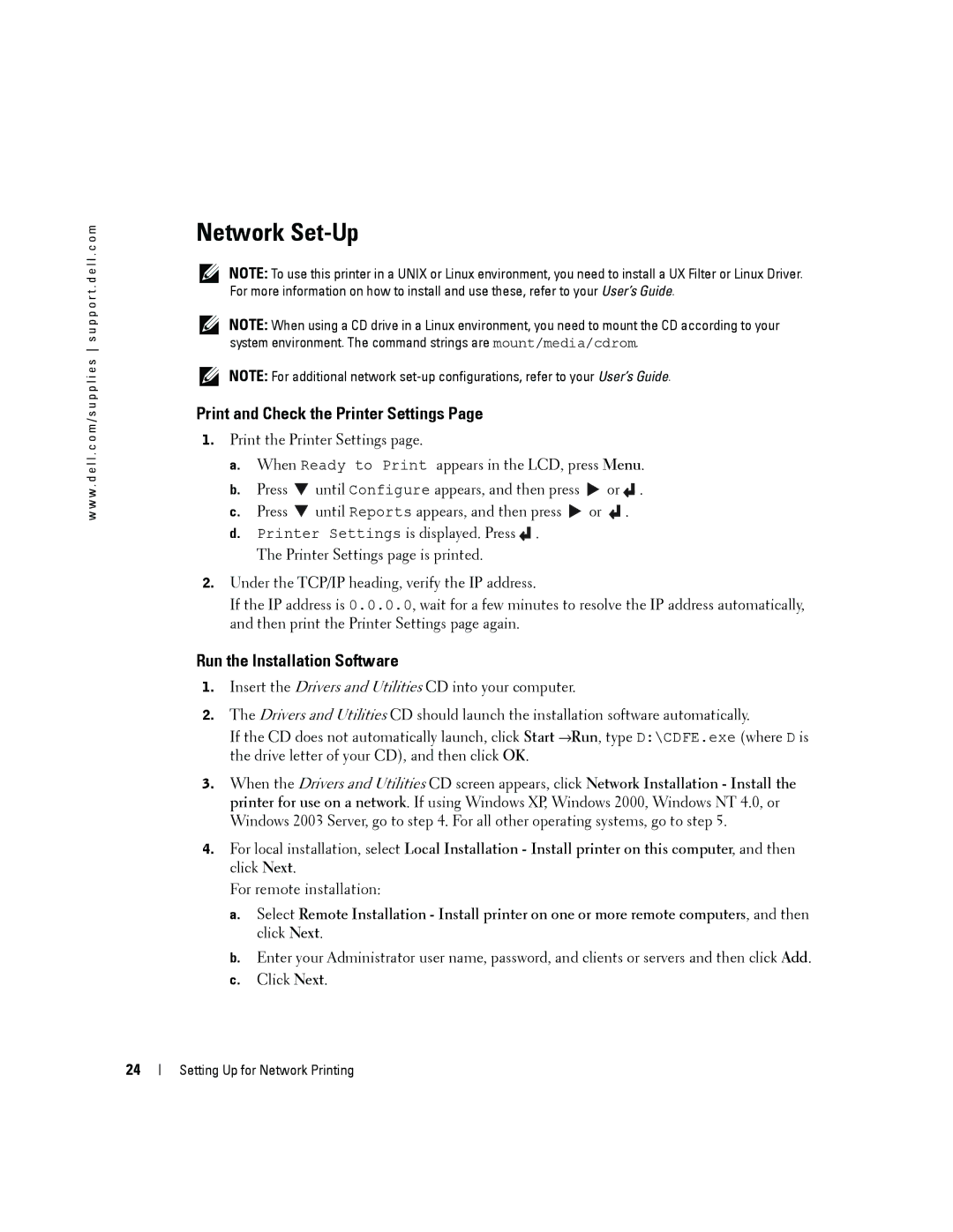 Dell 3100cn owner manual Network Set-Up, Print and Check the Printer Settings, Run the Installation Software 