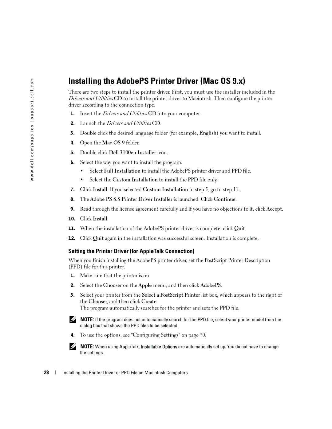 Dell 3100cn owner manual Installing the AdobePS Printer Driver Mac OS, Setting the Printer Driver for AppleTalk Connection 