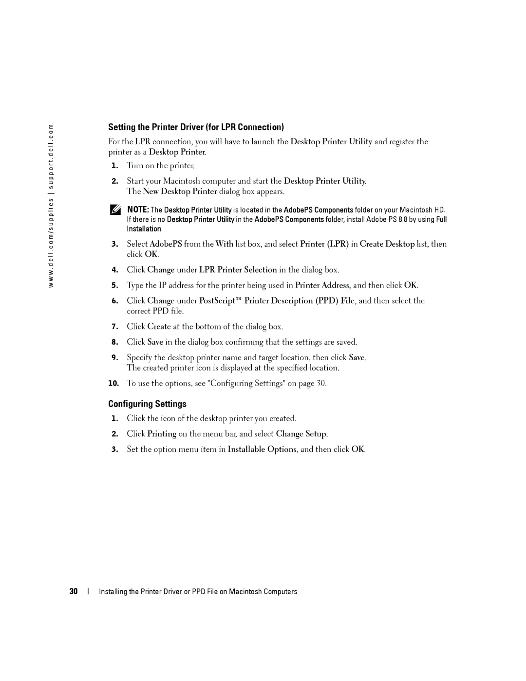 Dell 3100cn owner manual Setting the Printer Driver for LPR Connection, Configuring Settings 