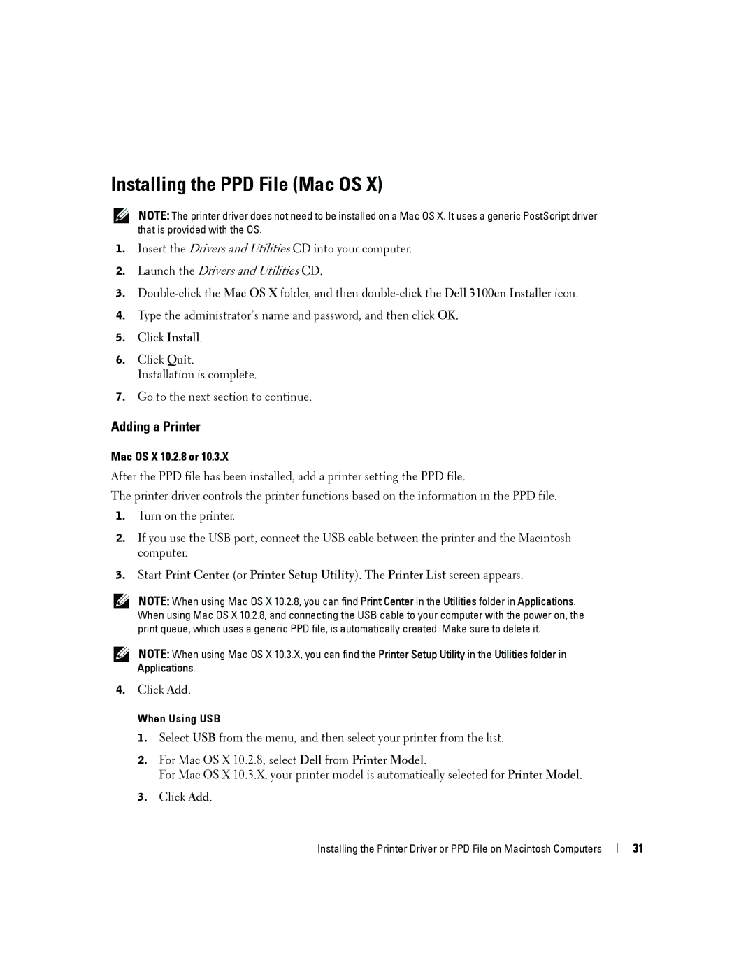 Dell 3100cn owner manual Installing the PPD File Mac OS, Adding a Printer, Mac OS X 10.2.8 or 