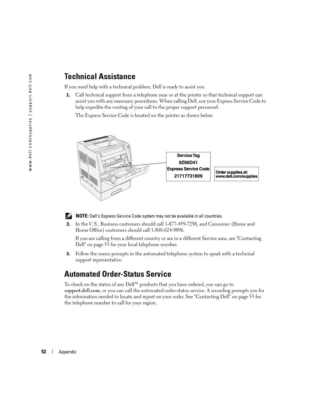 Dell 3100cn owner manual Technical Assistance, Automated Order-Status Service 