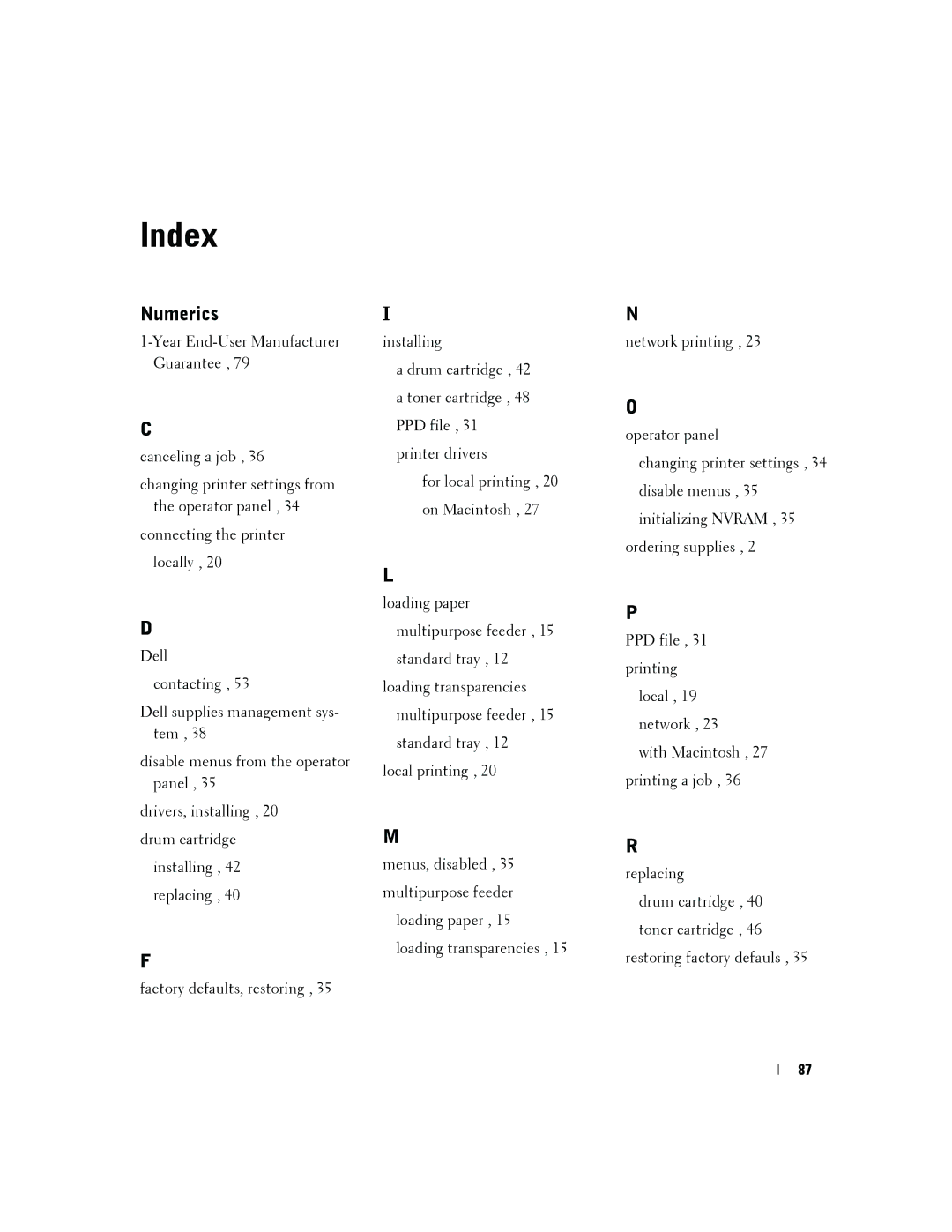 Dell 3100cn owner manual Index, Numerics 