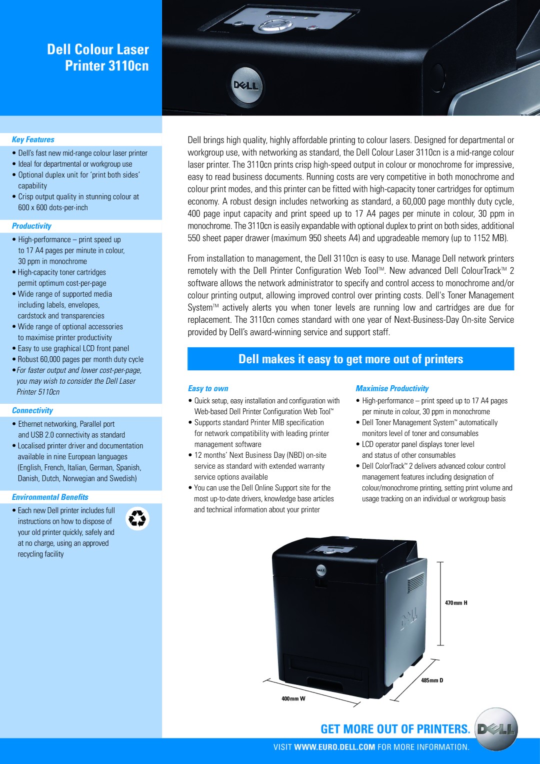 Dell 3110cn warranty Key Features, Connectivity, Environmental Benefits, Easy to own, Maximise Productivity 