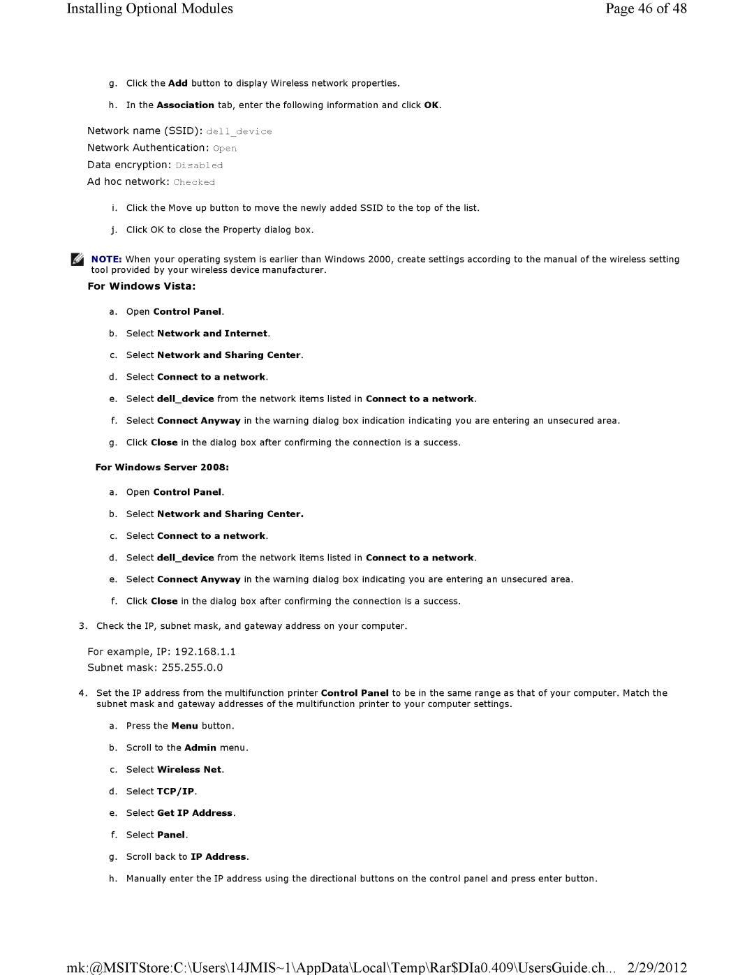 Dell 3115CN manual For example, IP Subnet mask 