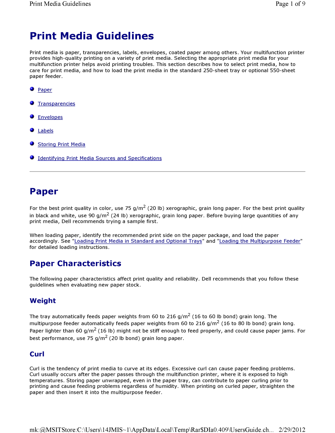 Dell 3115CN manual Print Media Guidelines, Paper Characteristics 