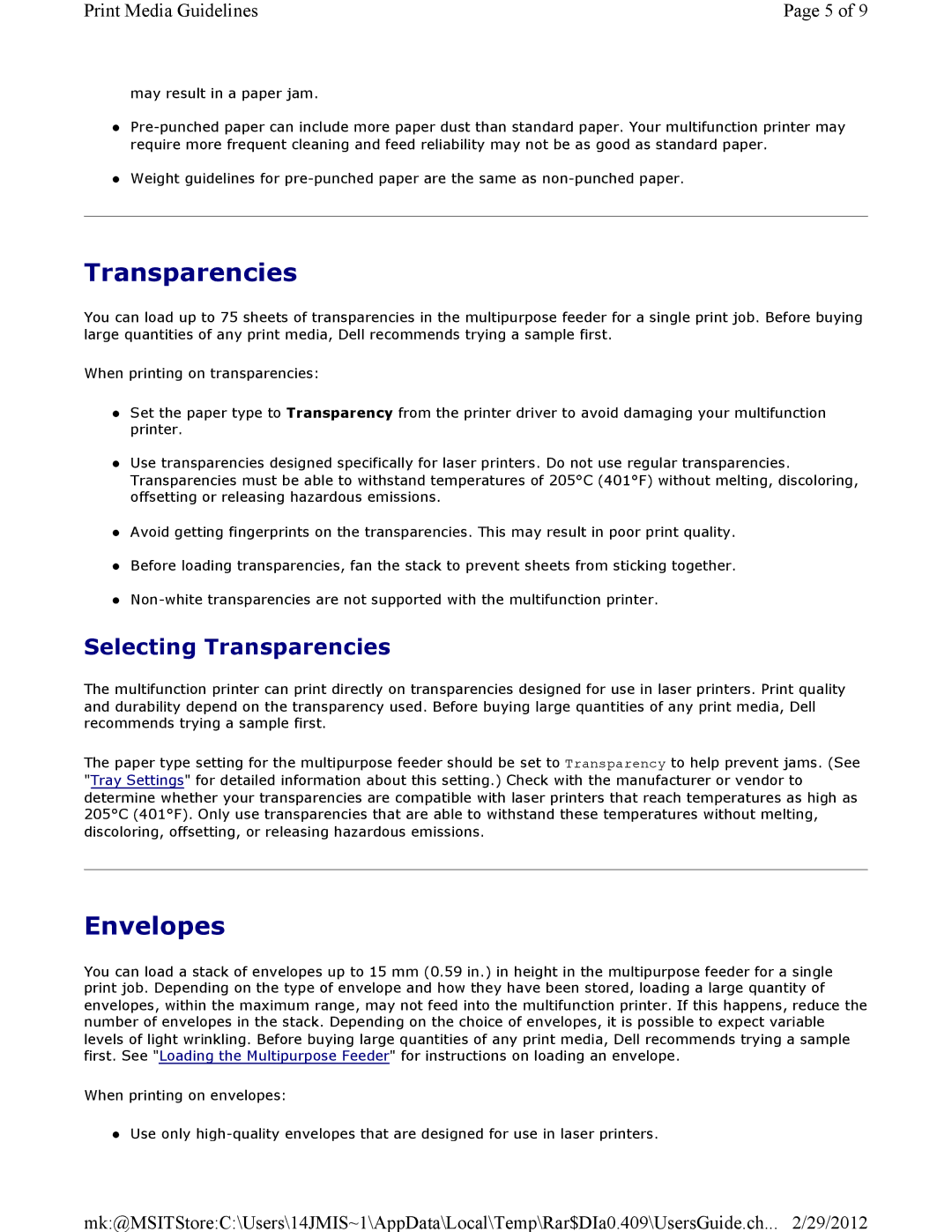 Dell 3115CN manual Envelopes, Selecting Transparencies 