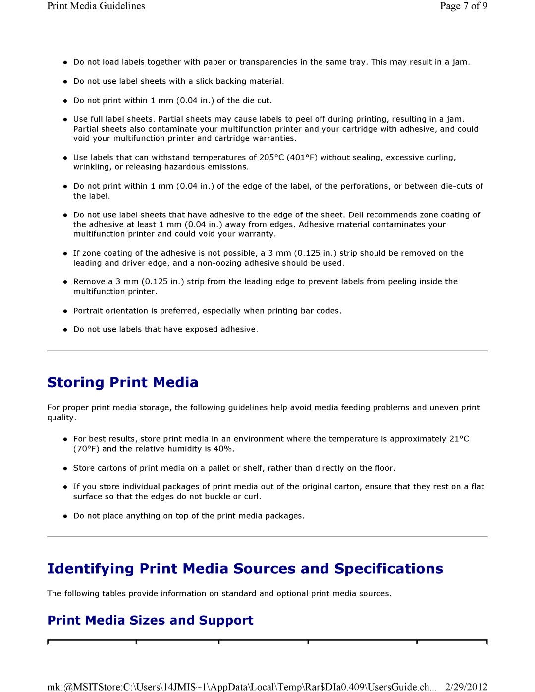 Dell 3115CN manual Storing Print Media, Identifying Print Media Sources and Specifications, Print Media Sizes and Support 