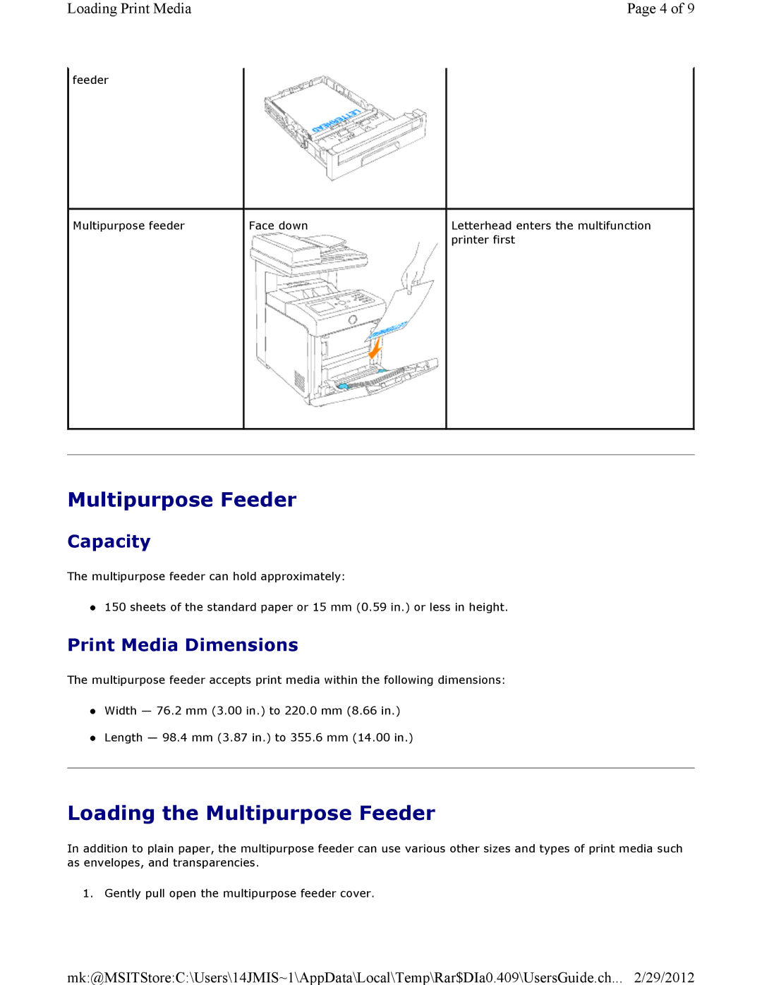 Dell 3115CN manual Loading the Multipurpose Feeder, Capacity, Print Media Dimensions 