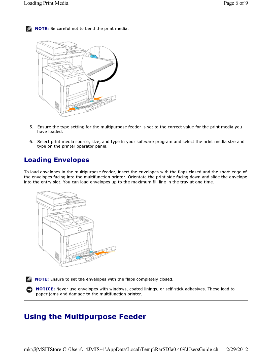 Dell 3115CN manual Using the Multipurpose Feeder, Loading Envelopes 