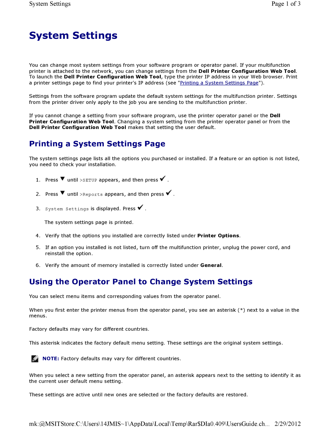 Dell 3115CN manual Printing a System Settings, Using the Operator Panel to Change System Settings 