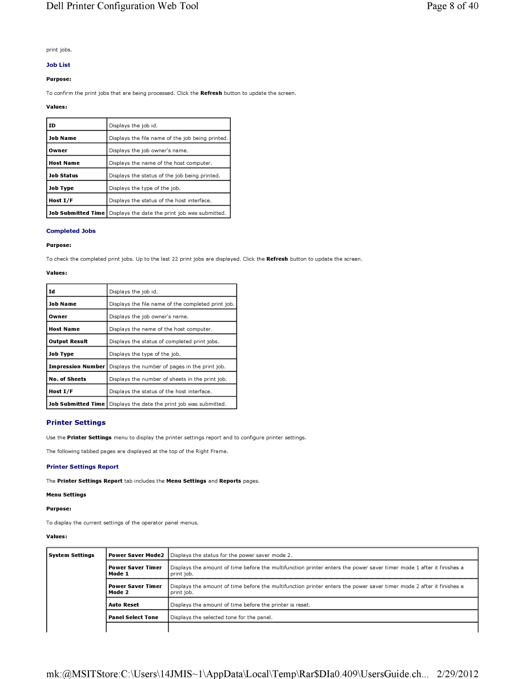 Dell 3115CN manual Printer Settings 