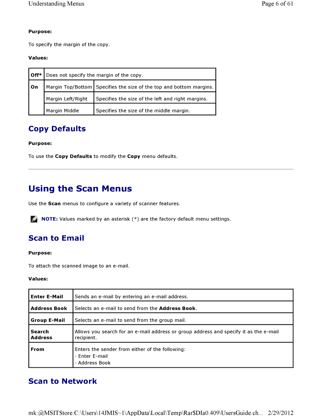 Dell 3115CN manual Using the Scan Menus, Copy Defaults, Scan to Email, Scan to Network 