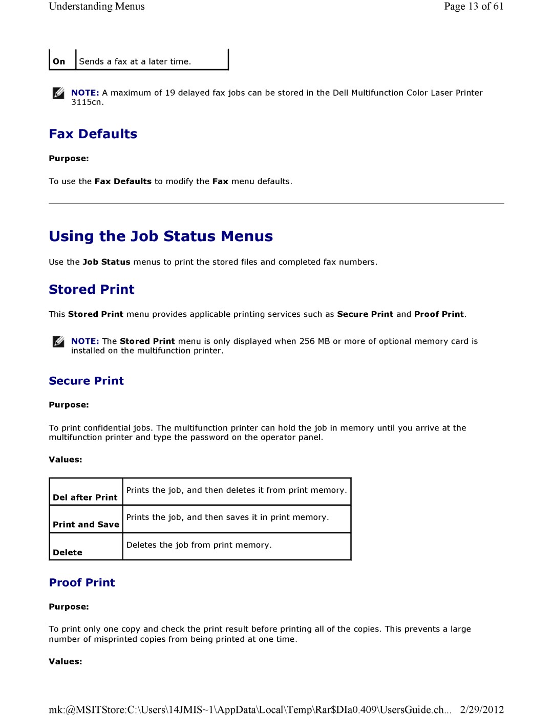 Dell 3115CN manual Using the Job Status Menus, Fax Defaults, Stored Print 