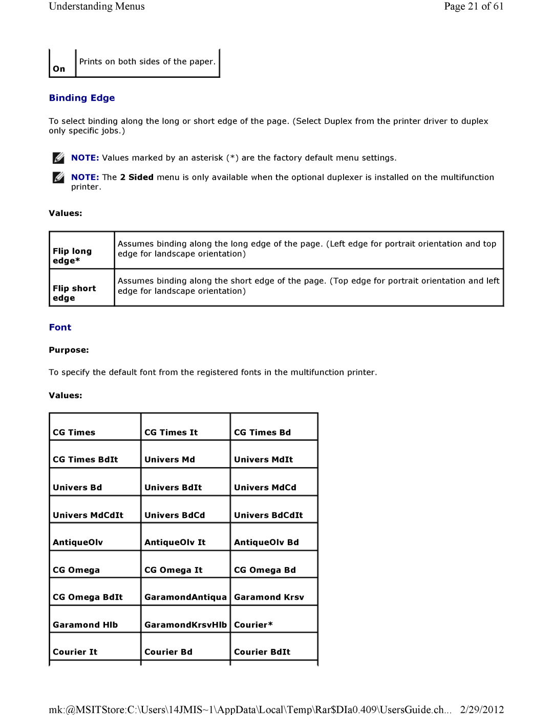 Dell 3115CN manual Binding Edge, Font 