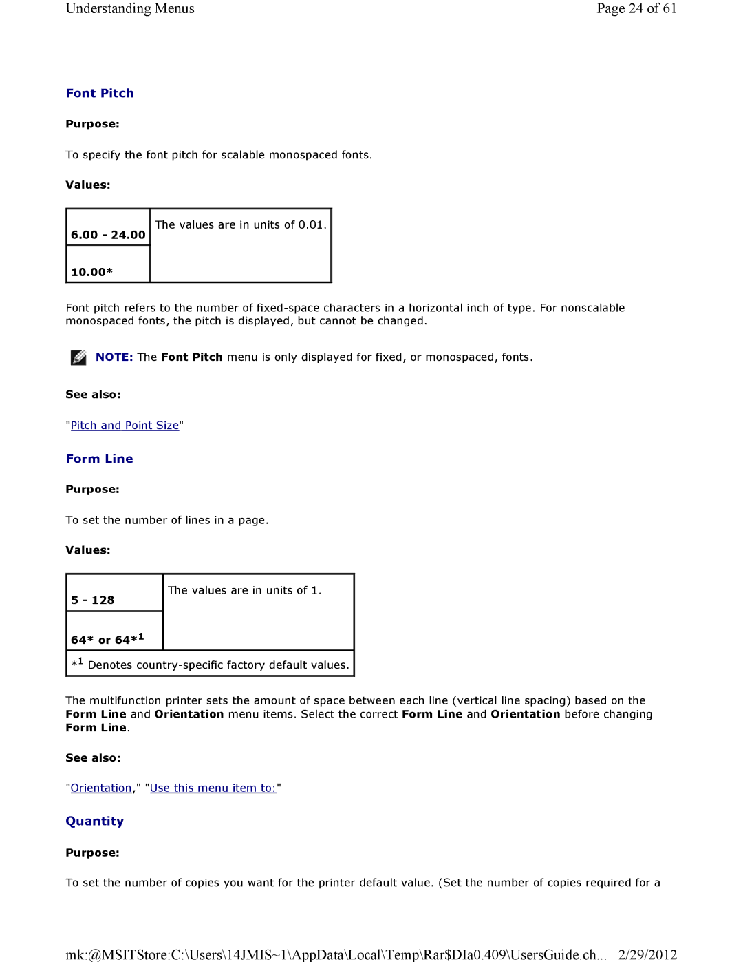 Dell 3115CN manual Font Pitch, Form Line, Quantity 