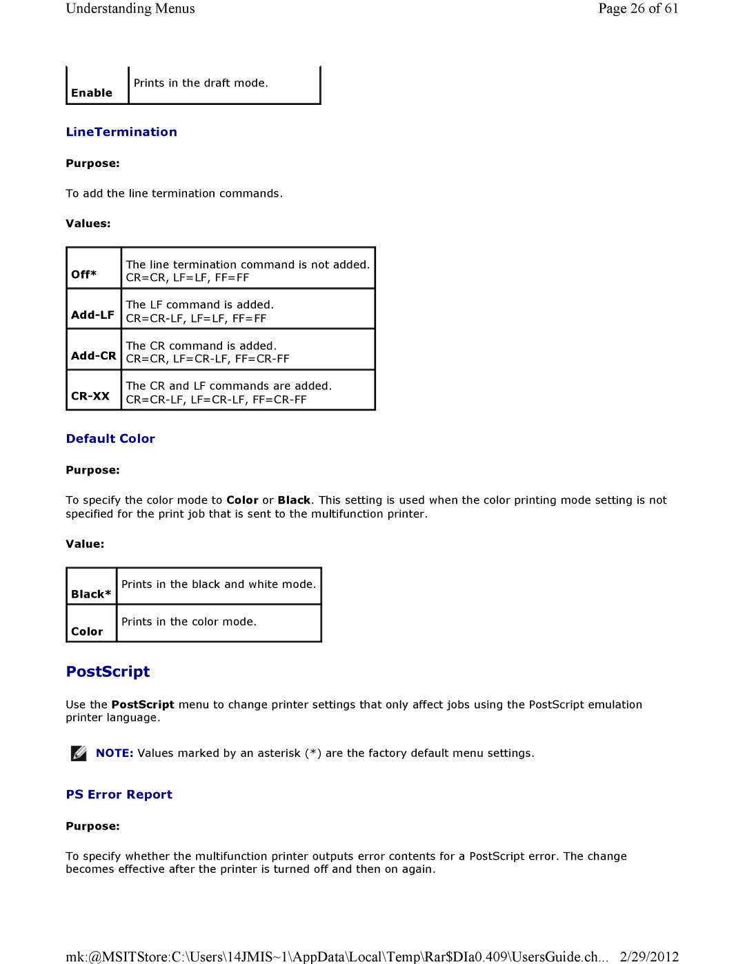 Dell 3115CN manual LineTermination, Default Color, PS Error Report 