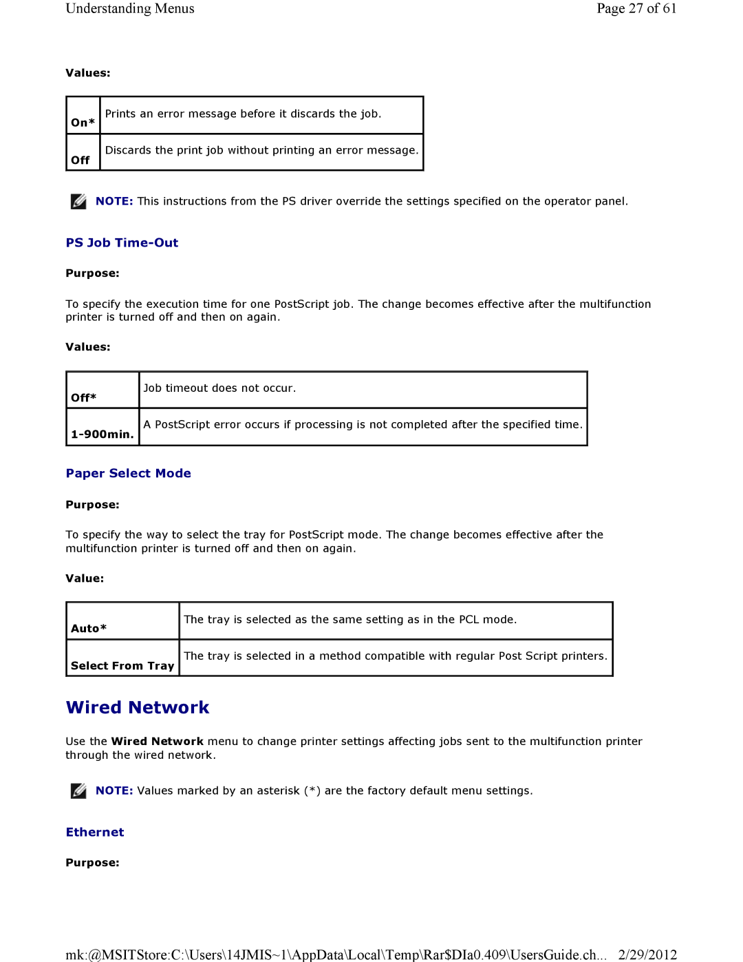 Dell 3115CN manual Wired Network, PS Job Time-Out, Paper Select Mode, Ethernet 