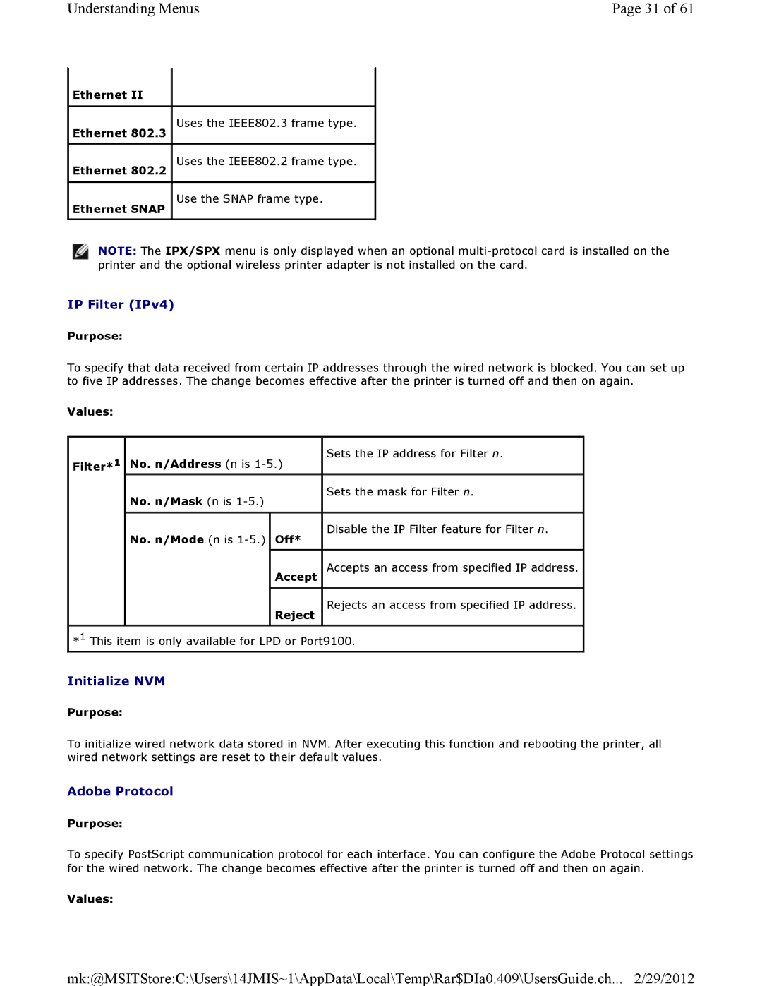 Dell 3115CN manual IP Filter IPv4, Initialize NVM, Adobe Protocol 